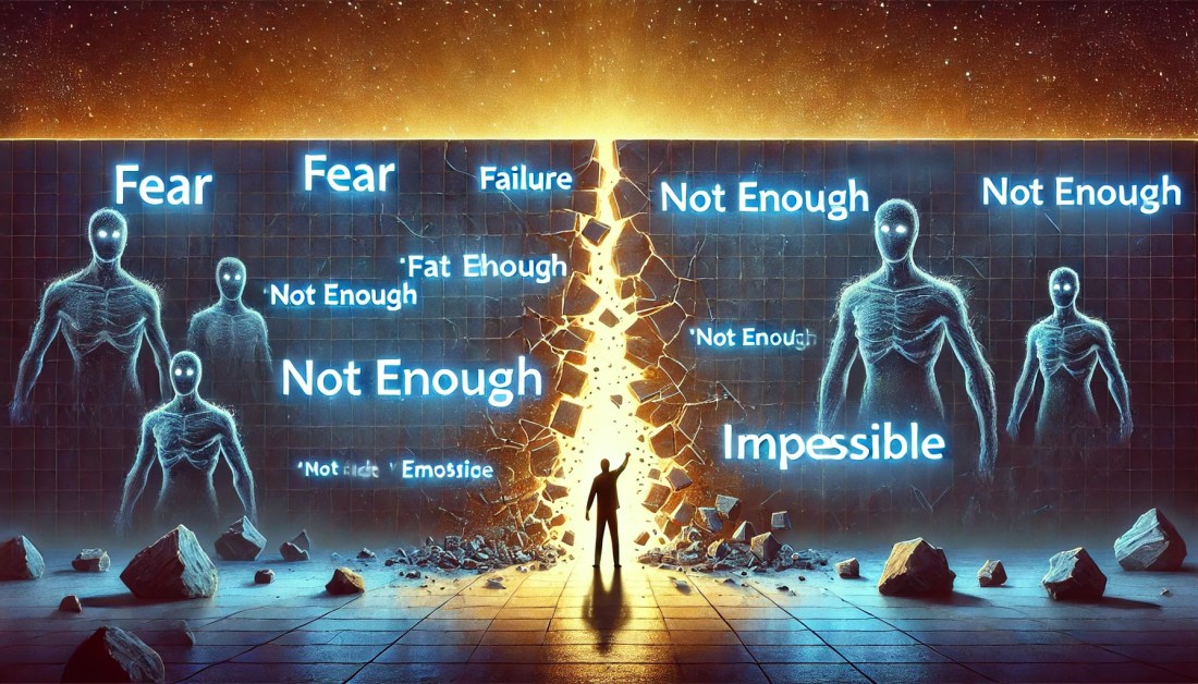 A imagem ilustrando "O impacto das crenças limitantes". Ela simboliza uma pessoa tentando romper um muro invisível formado por palavras como "medo", "falha", "não sou capaz" e "impossível", representando os bloqueios internos que nos impedem de avançar