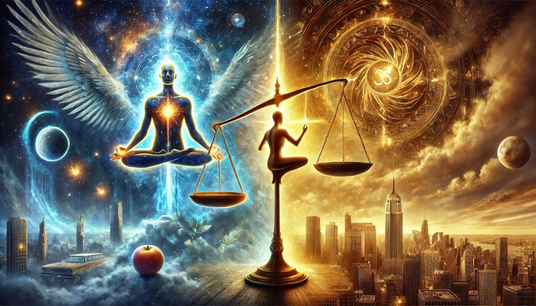 Está imagem ilustra o equilíbrio entre o espiritual e o material, capturando a dualidade e a harmonia entre ambos os mundos.