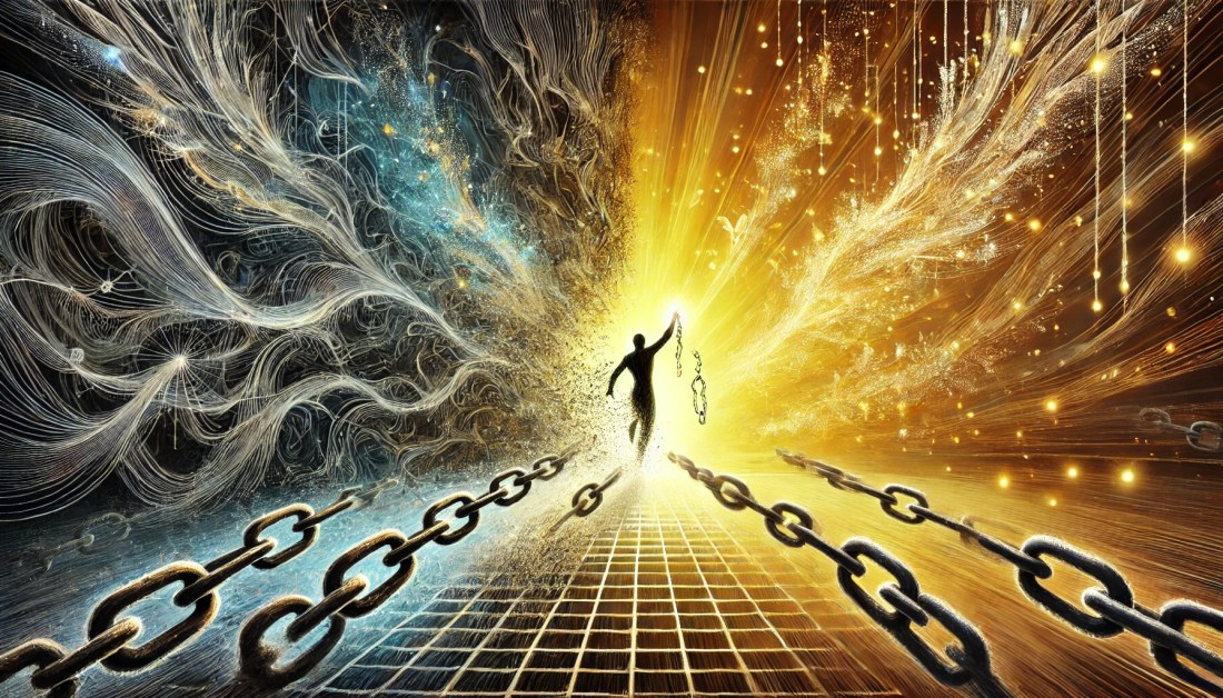 Uma imagem abstrata que representa a transformação pessoal e a libertação de barreiras mentais. Ela simboliza a transição da escuridão para a luz, destacando o momento de ruptura e evolução.