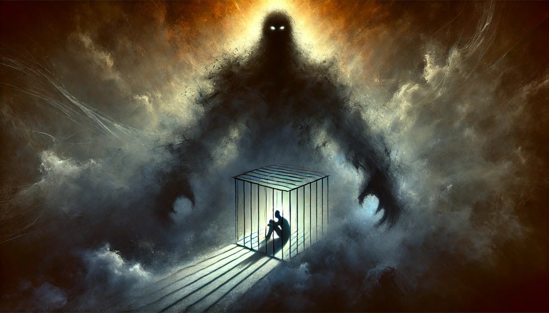Esta imaggem simboliza o medo como uma ferramenta de controle, mostrando uma força sombria prendendo uma figura dentro de uma jaula invisível, enquanto a luz começa a emergir ao fundo, representando o despertar e a libertação.