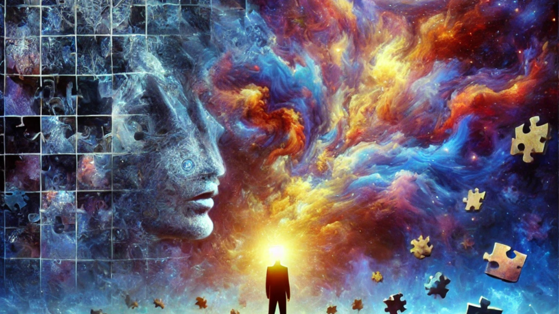 Ela ilustra o ato de questionar a realidade, com uma figura diante do desconhecido, entre padrões estruturados e o caos das possibilidades infinitas.